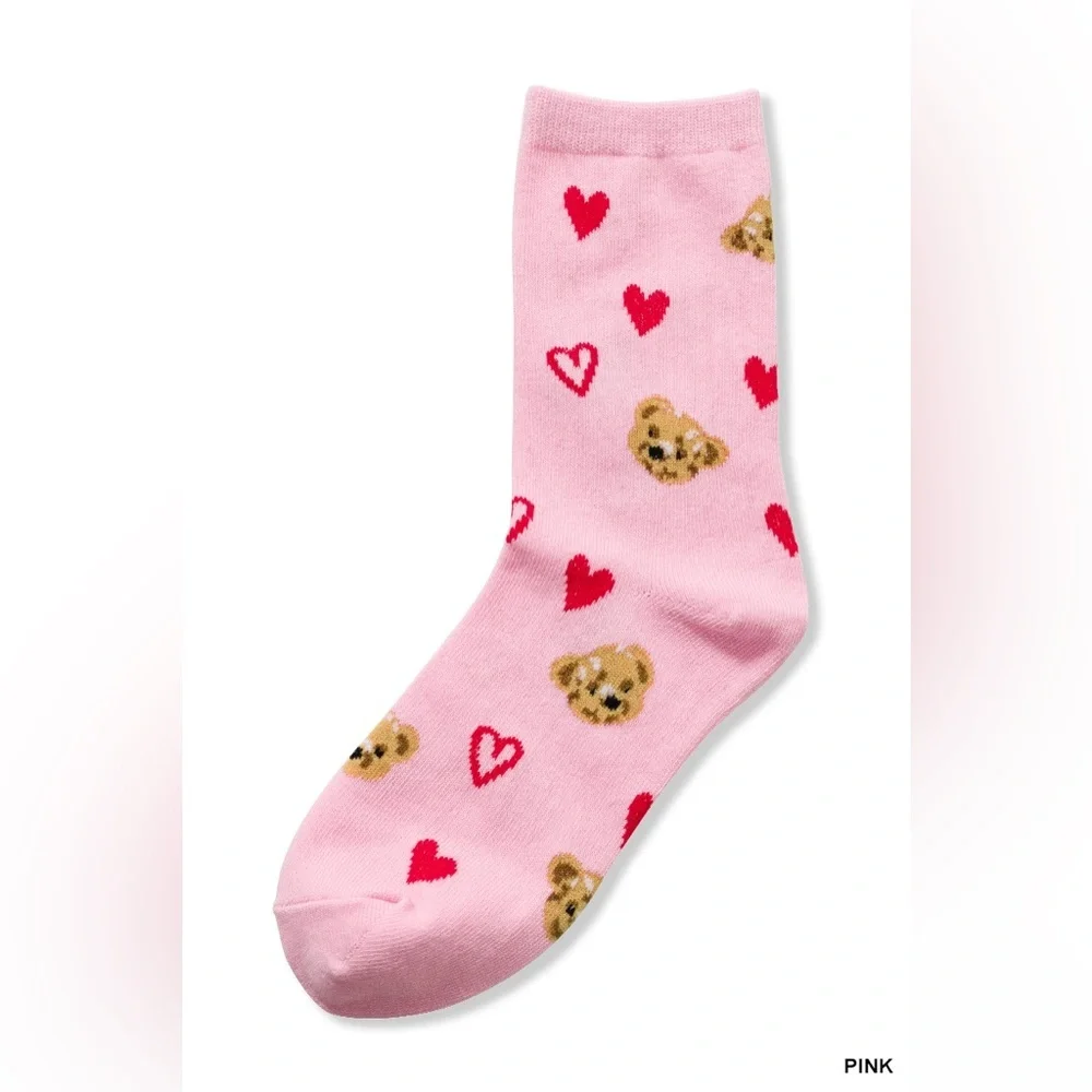 NWT Zenana White & Pink Teddy Bear Heart Crew Socks Cozy Cute Gift One Size